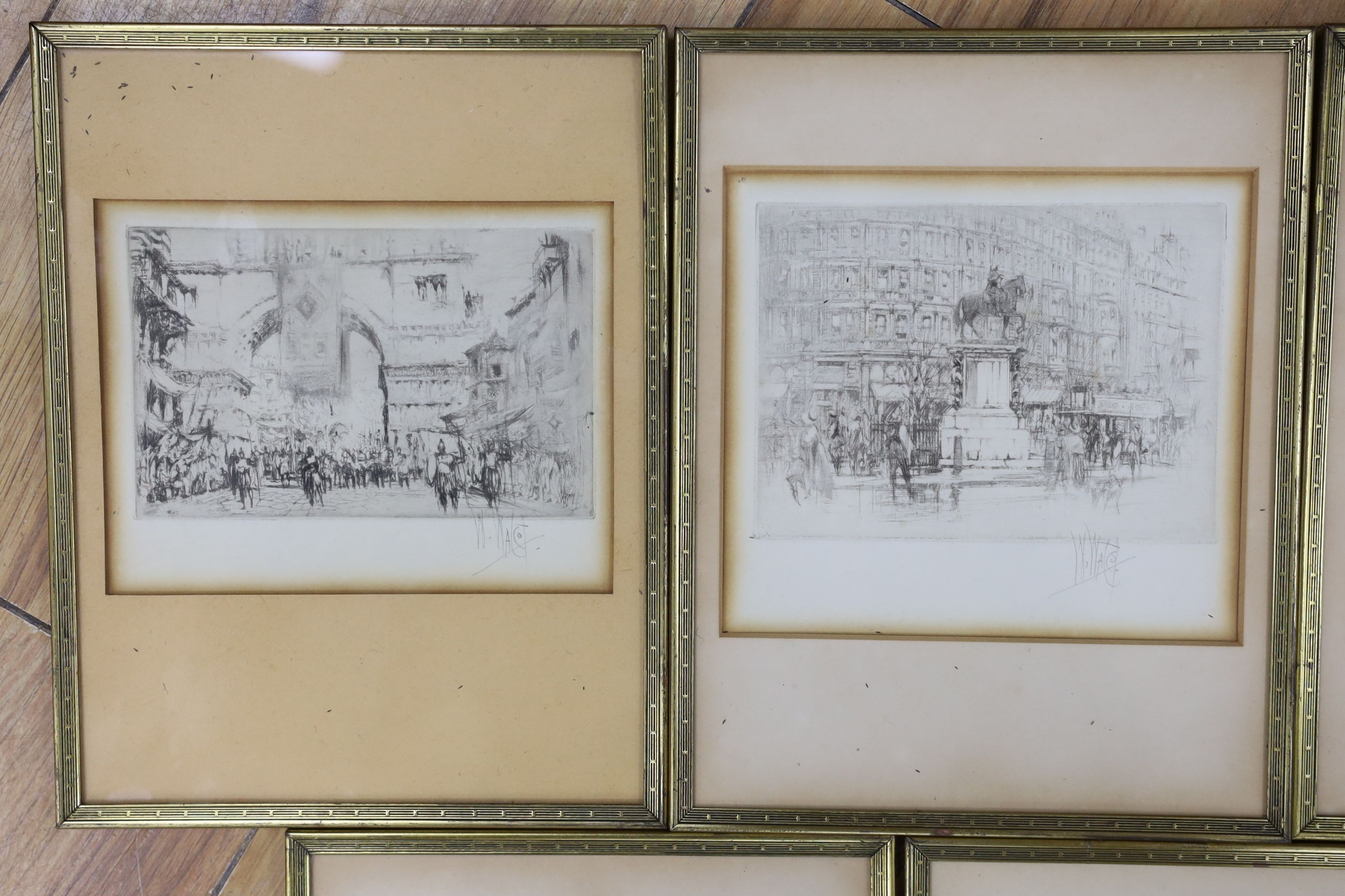 William Walcot (1874-1943), five dry point etchings: Westminster Abbey, Charring Cross, Ludgate Hill, London, Hadrian entering Salonica, signed in pencil, 9 x 12.5cm